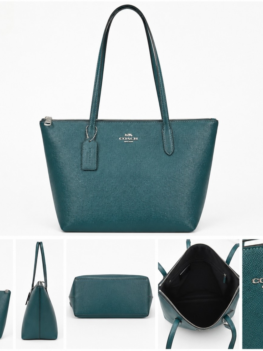 COACH Green Saffiano Leather Tote with Zip Top